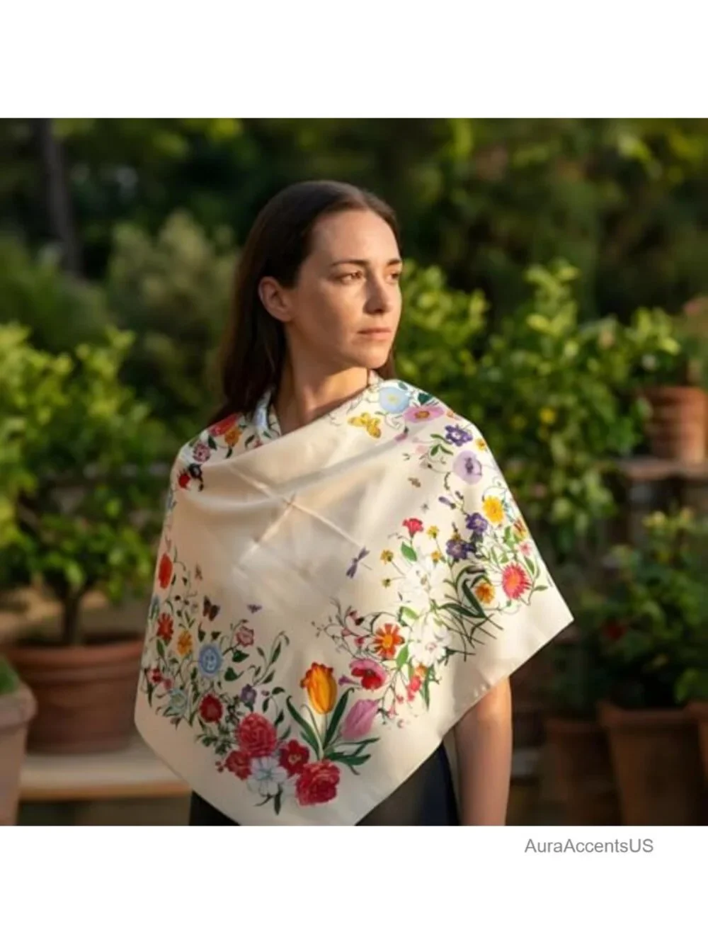 35x35 Square Silk Feel Lightweight Floral Scarf for Women
